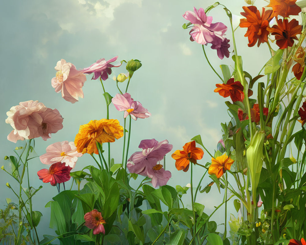 Colorful flowers and greenery under cloudy sky.