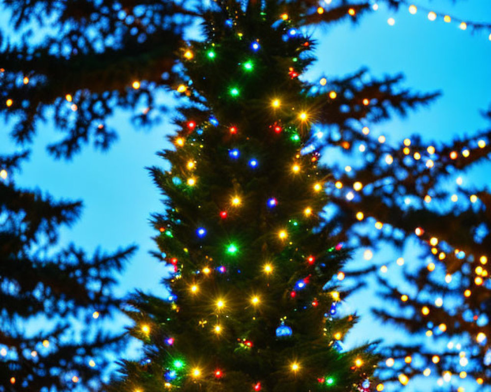 Colorful lights and baubles on Christmas tree at dusk