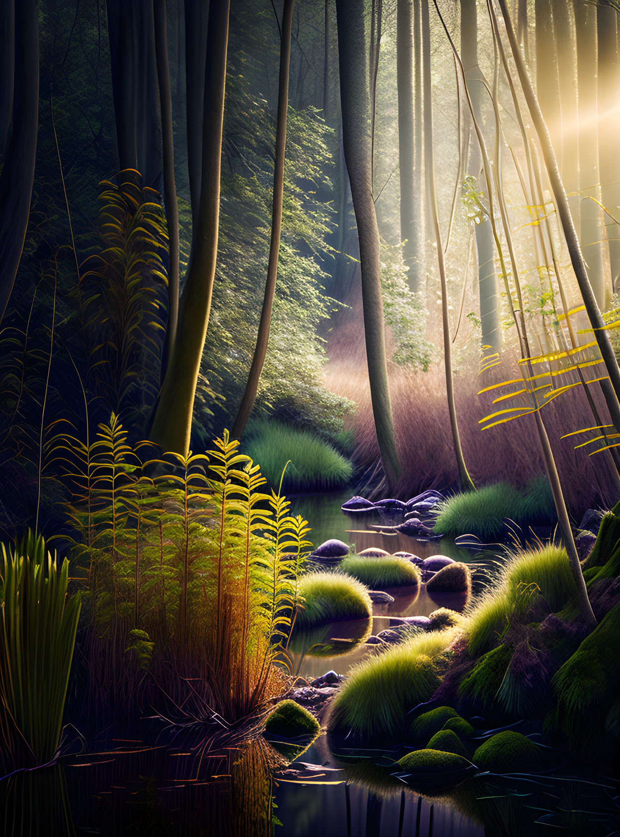 Sunlight illuminates serene forest stream and misty scenery