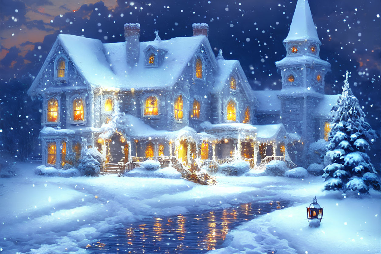 Snow-covered house at night with illuminated decorations