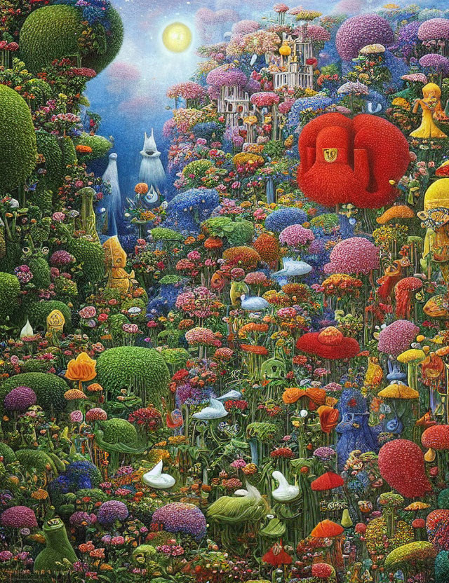 Fantasy garden with diverse flora, mushrooms, creatures, and whimsical architecture