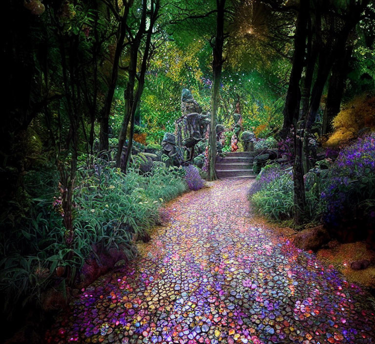 Vibrant garden with colorful stone pathway and purple flowers