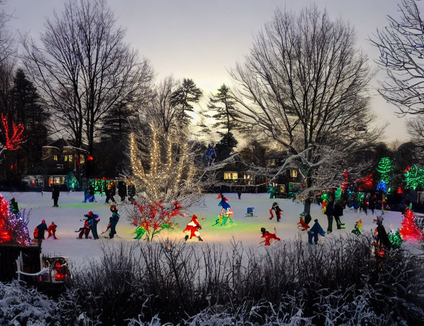 Festive holiday lights and decorations in snowy evening scene