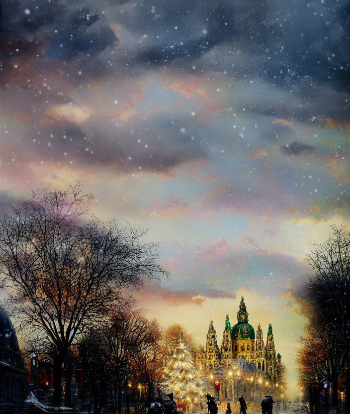 Winter twilight cityscape with falling snow, illuminated buildings, bare trees, and silhouetted figures