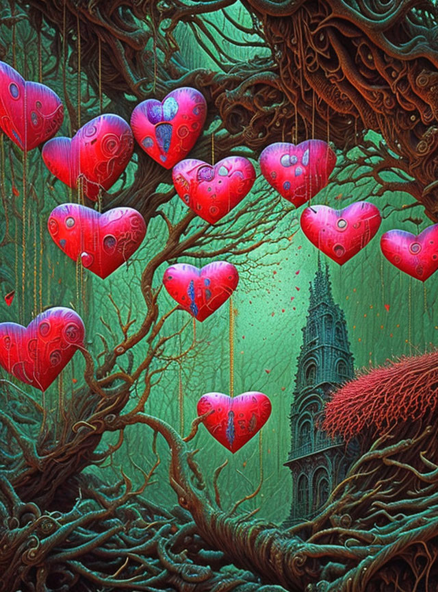 Enchanted forest with glowing red heart shapes and mystical tower