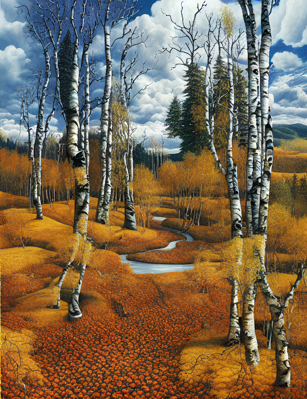 Autumn Birch Forest Painting with Stream and Clouds