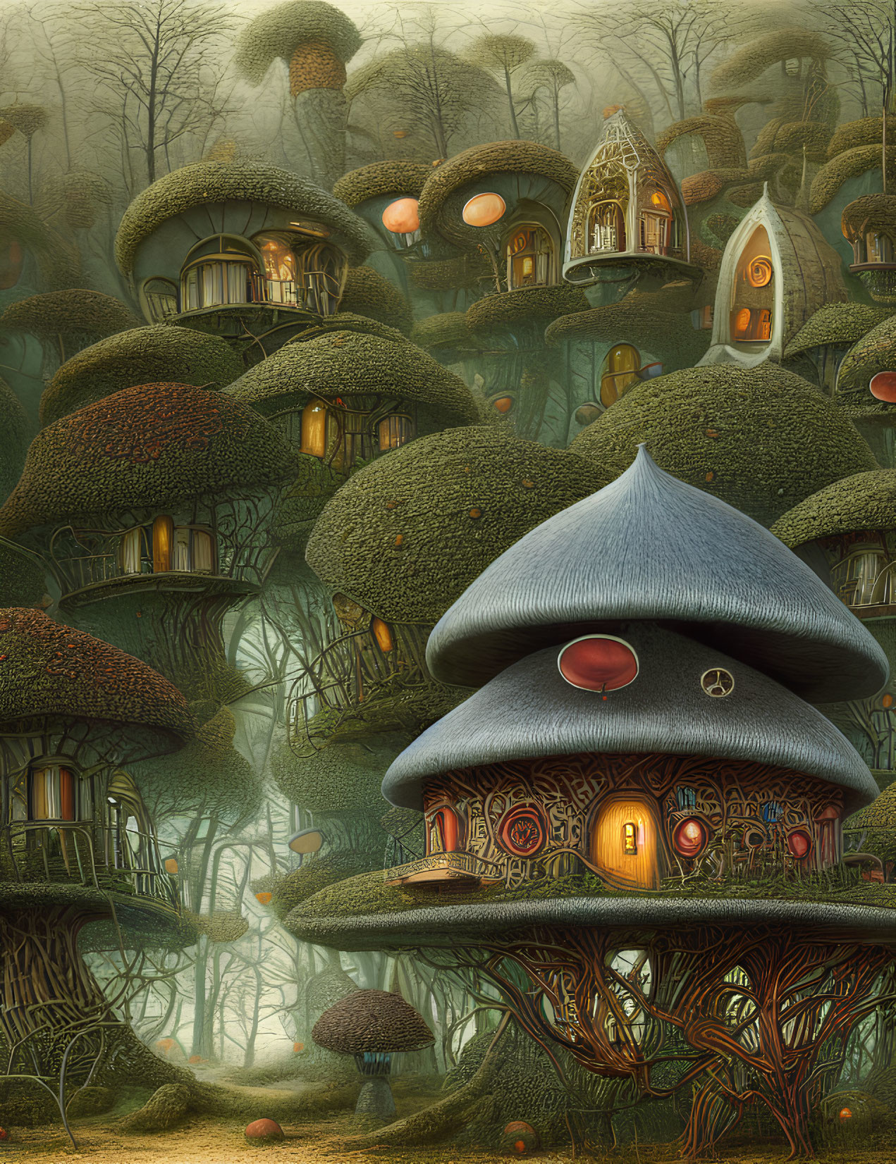 Magical forest scene with whimsical mushroom-shaped houses nestled among trees