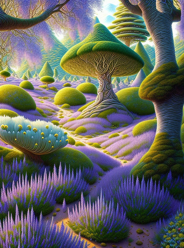 Fantastical forest with oversized mushroom-like trees and lush purple-green vegetation