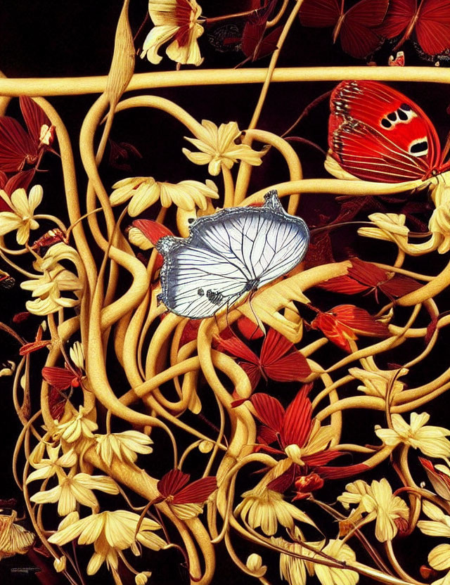 Detailed Artwork: Tangled Vines, Butterflies, and Flowers on Dark Background