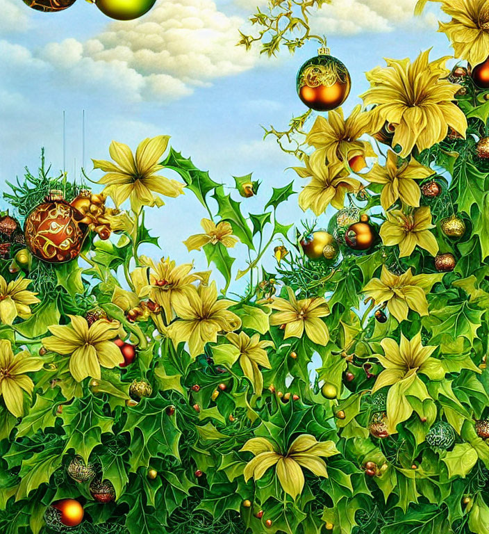 Colorful Ivy and Flowers with Christmas Ornaments on Blue Sky