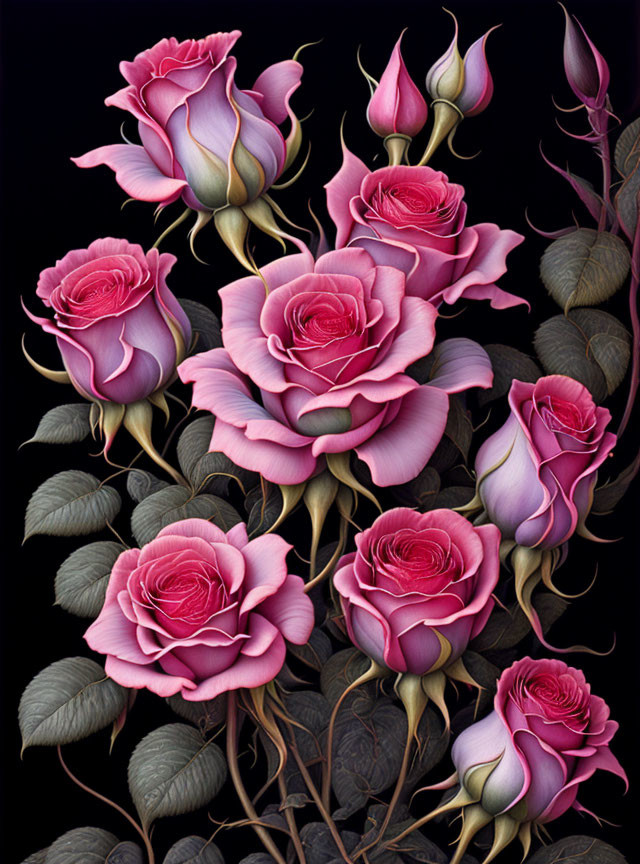 Vibrant Pink Roses on Stalk with Dark Green Leaves and Black Background