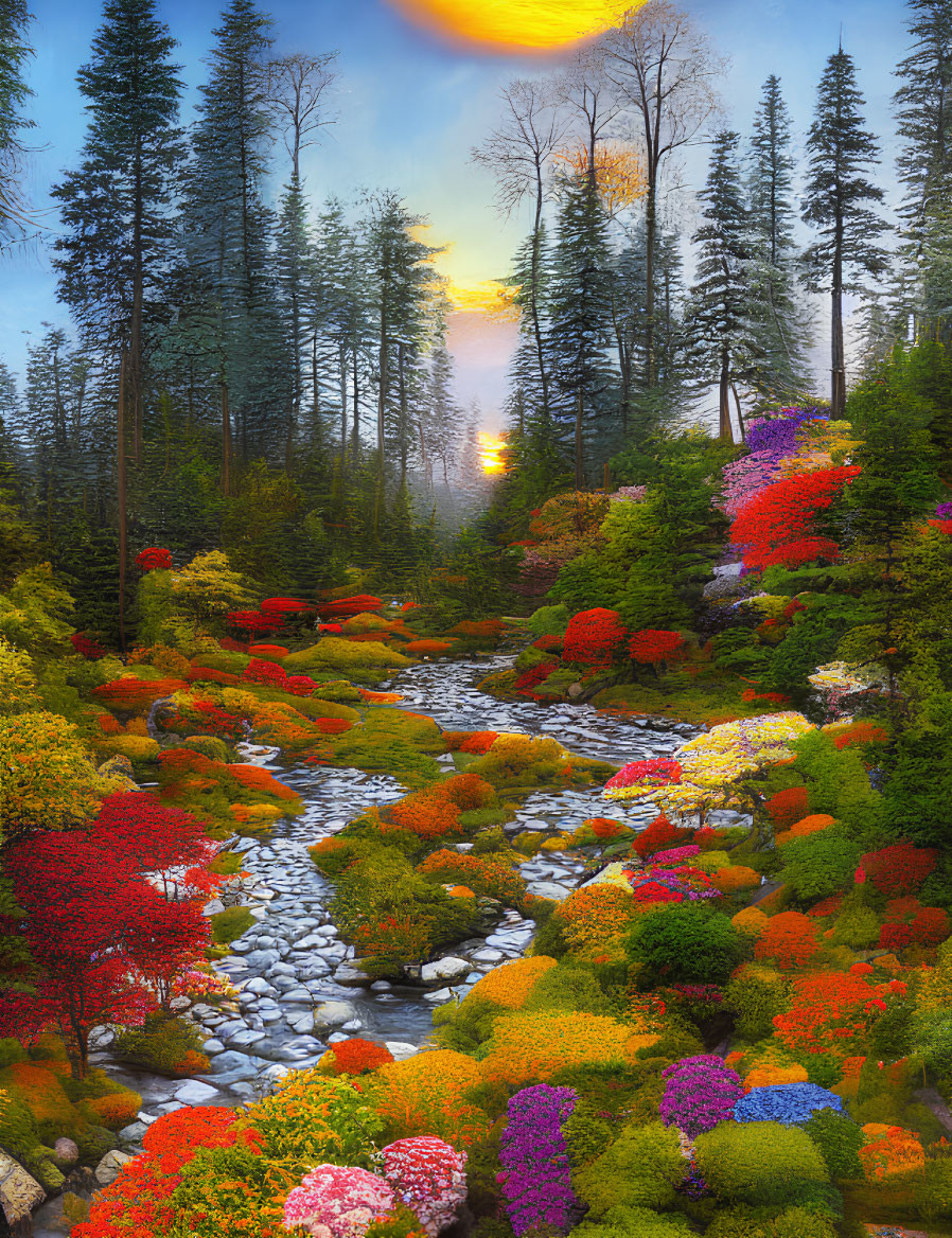 Colorful Garden with River and Sunset Sky