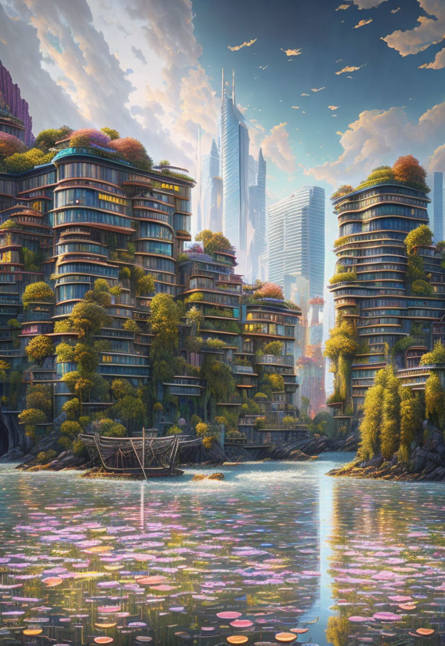 Futuristic cityscape with nature blending urban architecture, terraced gardens, river, and high-r