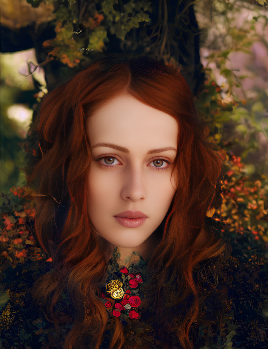 Red-haired woman with blue eyes in autumn foliage portrait.