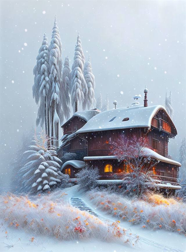 Snowy landscape with cozy wooden chalet and warm lights