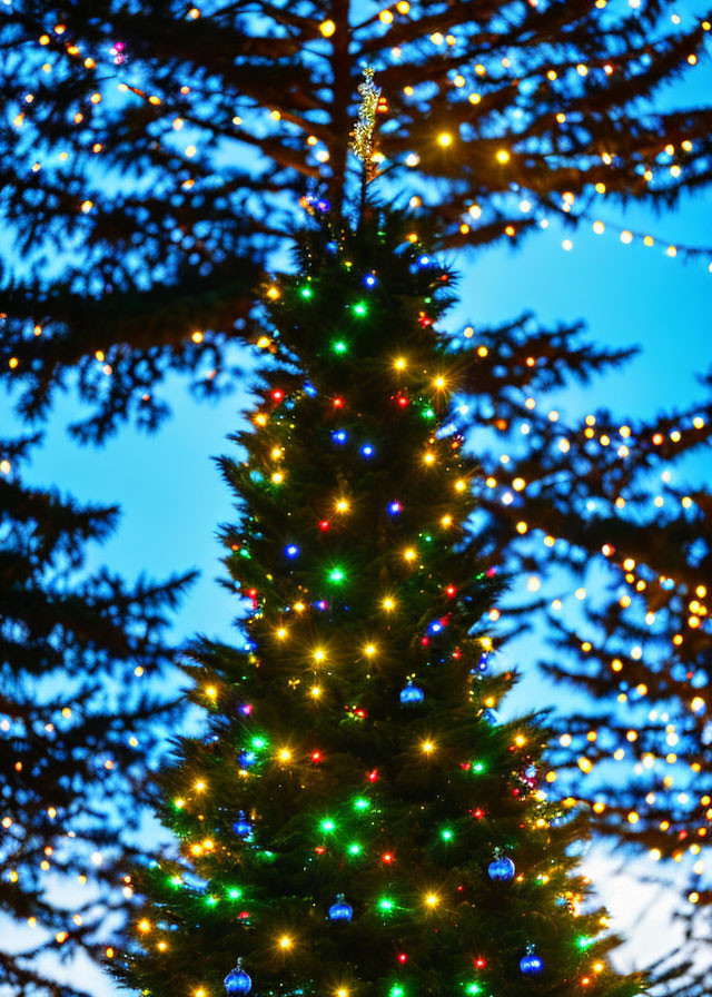 Colorful lights and baubles on Christmas tree at dusk