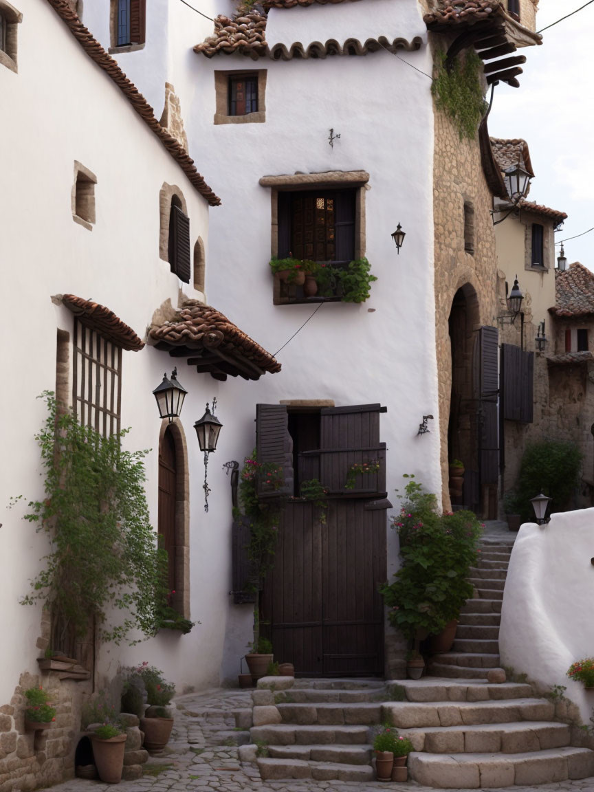 Traditional cobblestone alley with white stone houses, wooden doors, potted plants, and staircase.