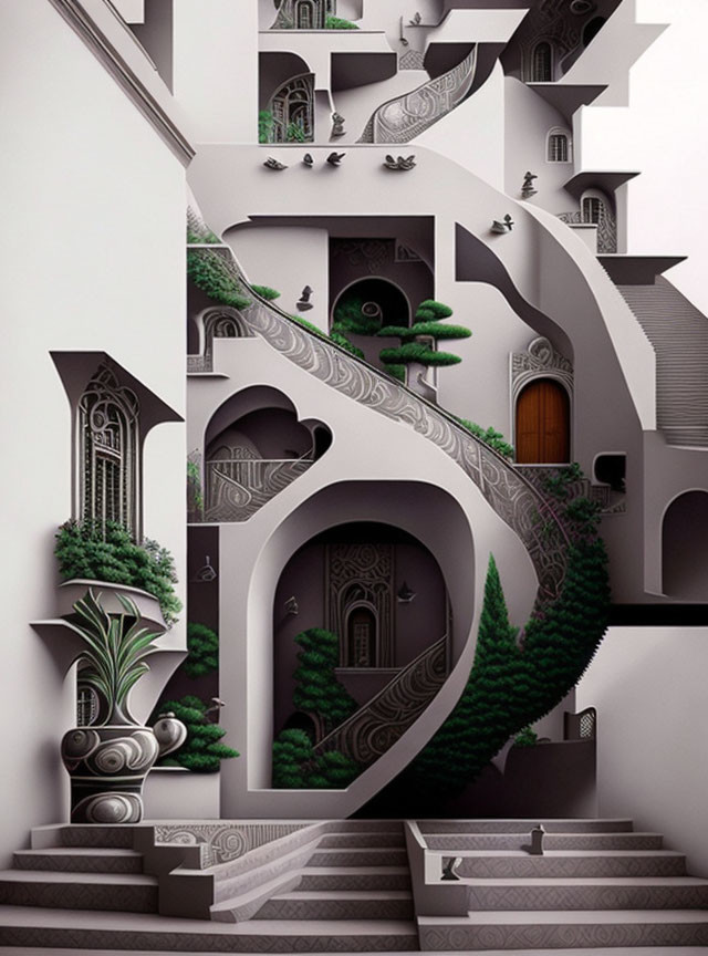 Monochromatic digital art: Gravity-defying staircases and archways with green plant accents