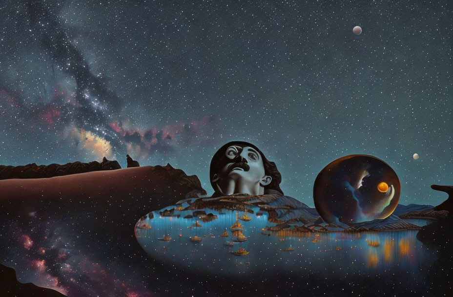 Surreal landscape with starry sky, reflective face merging with watery terrain, ships, celestial