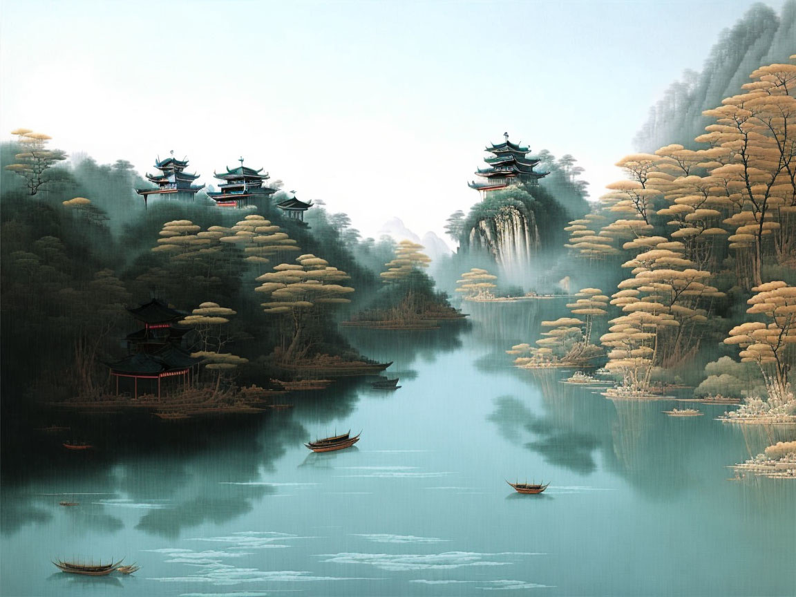 Traditional Chinese Architecture on Cliff Overlooking Misty River in Autumn