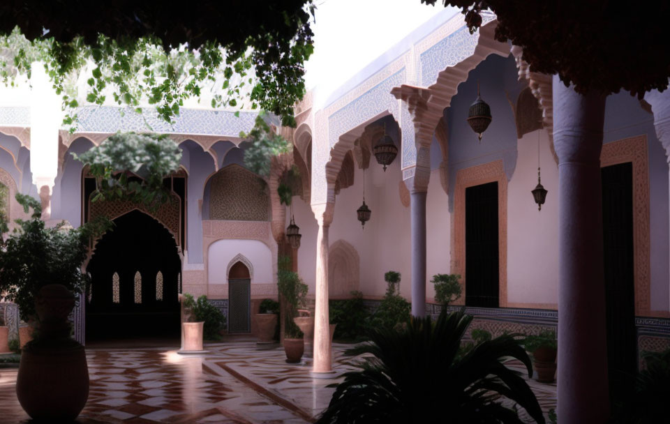 Traditional courtyard with arches, patterned tiles, lanterns, and soft filtered light.