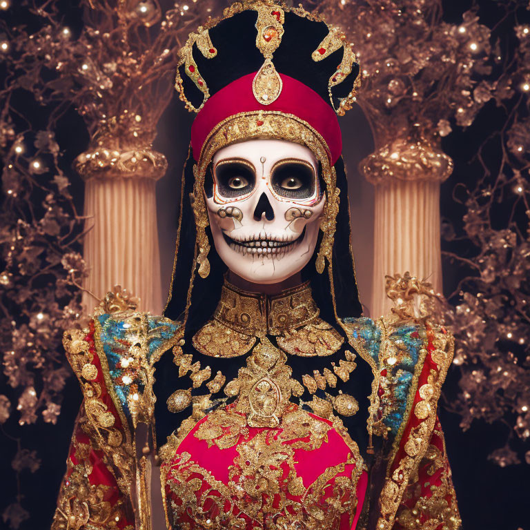 Skull Face Makeup Person in Red and Gold Costume with Black Headdress