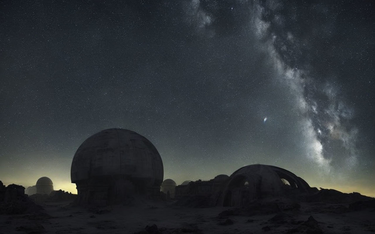 Abandoned domed structures in barren landscape under Milky Way