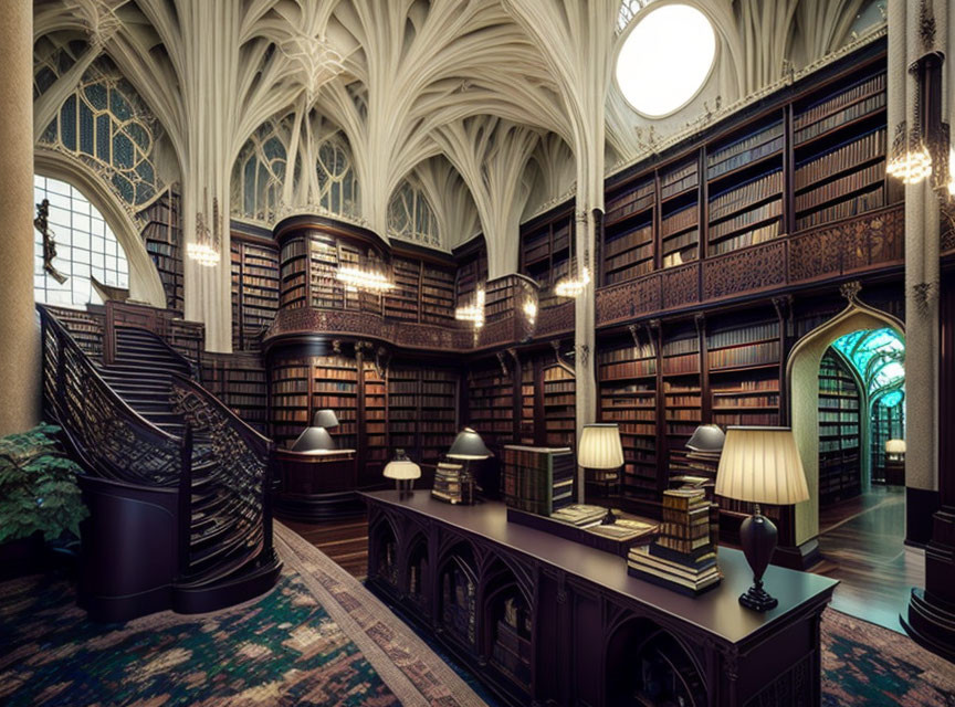 Gothic arches, wooden bookshelves, spiral staircase, classic lamps, large round window