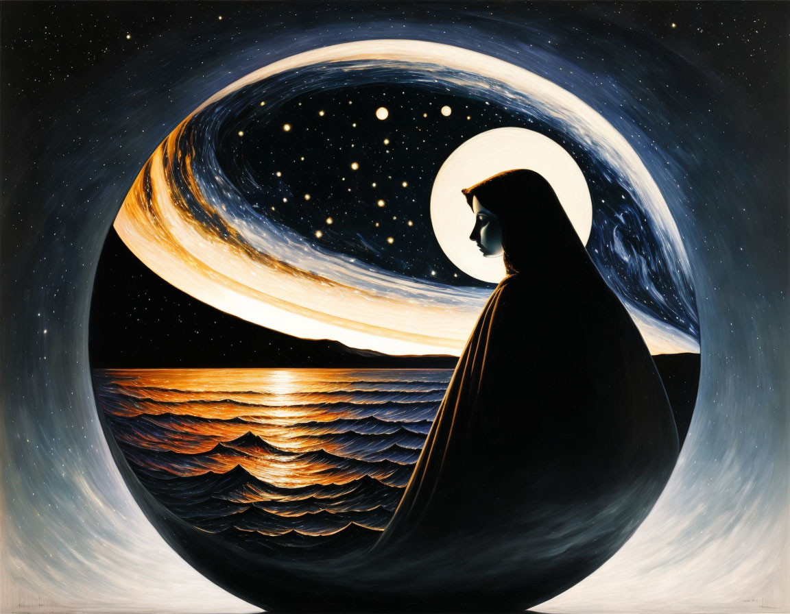 Surreal painting: Cloaked figure gazes at cosmic ocean landscape