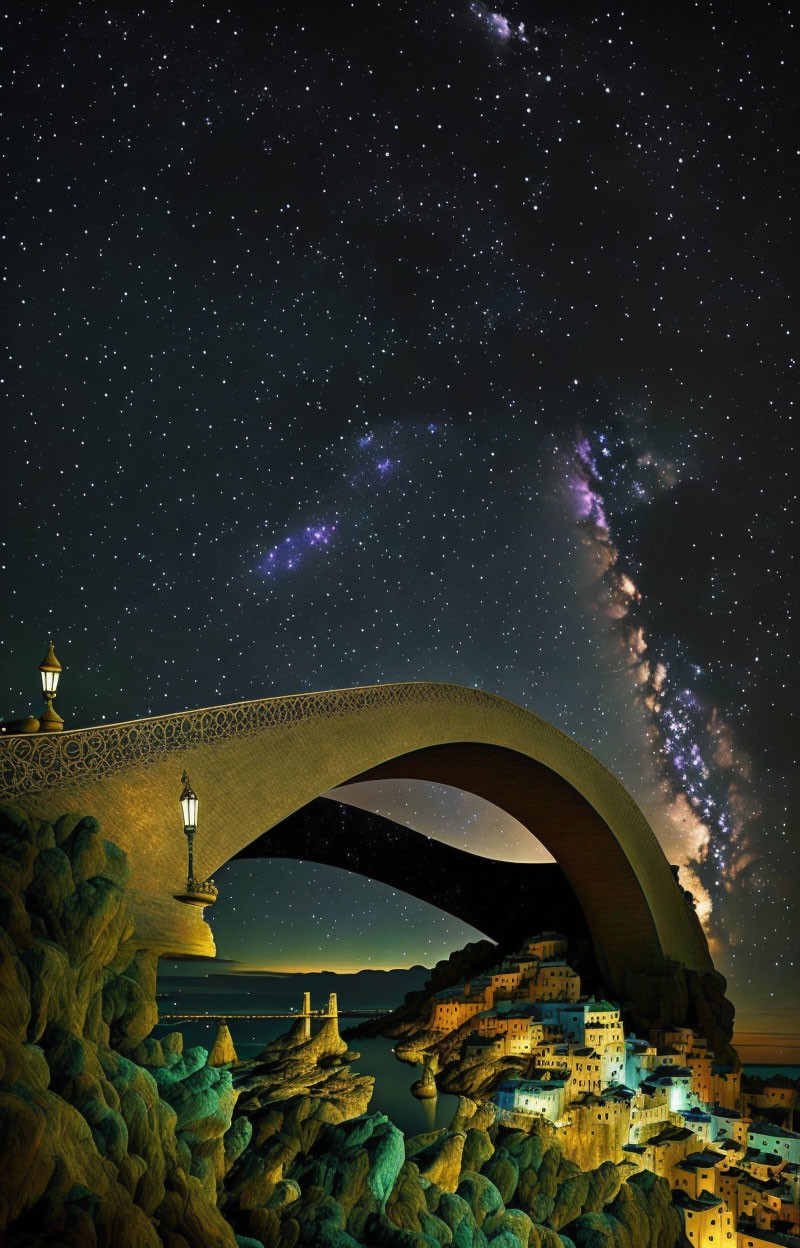 Ornate bridge over coastal town at night with starscape