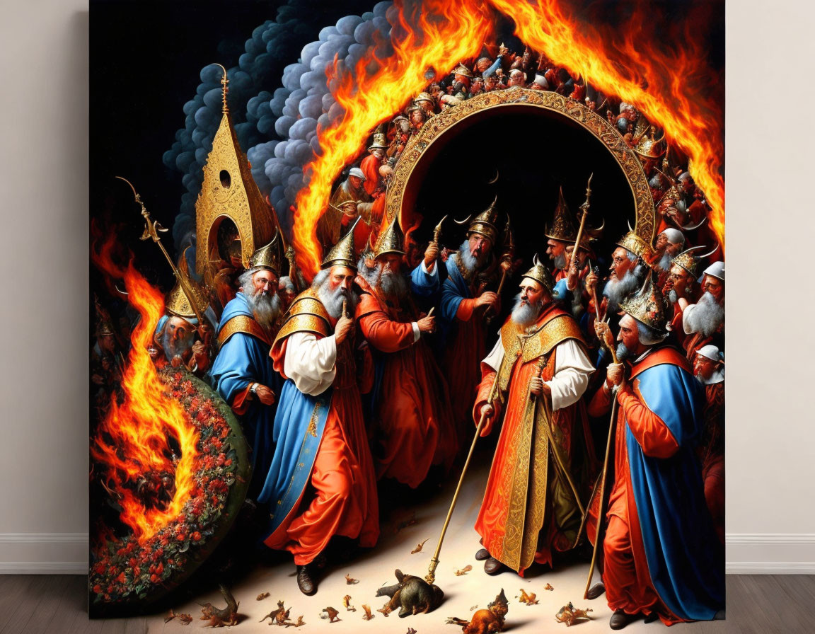 Medieval-themed painting with kings and clergymen around fiery archway