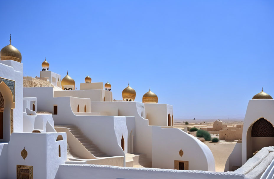 Golden-domed white buildings under clear blue desert sky