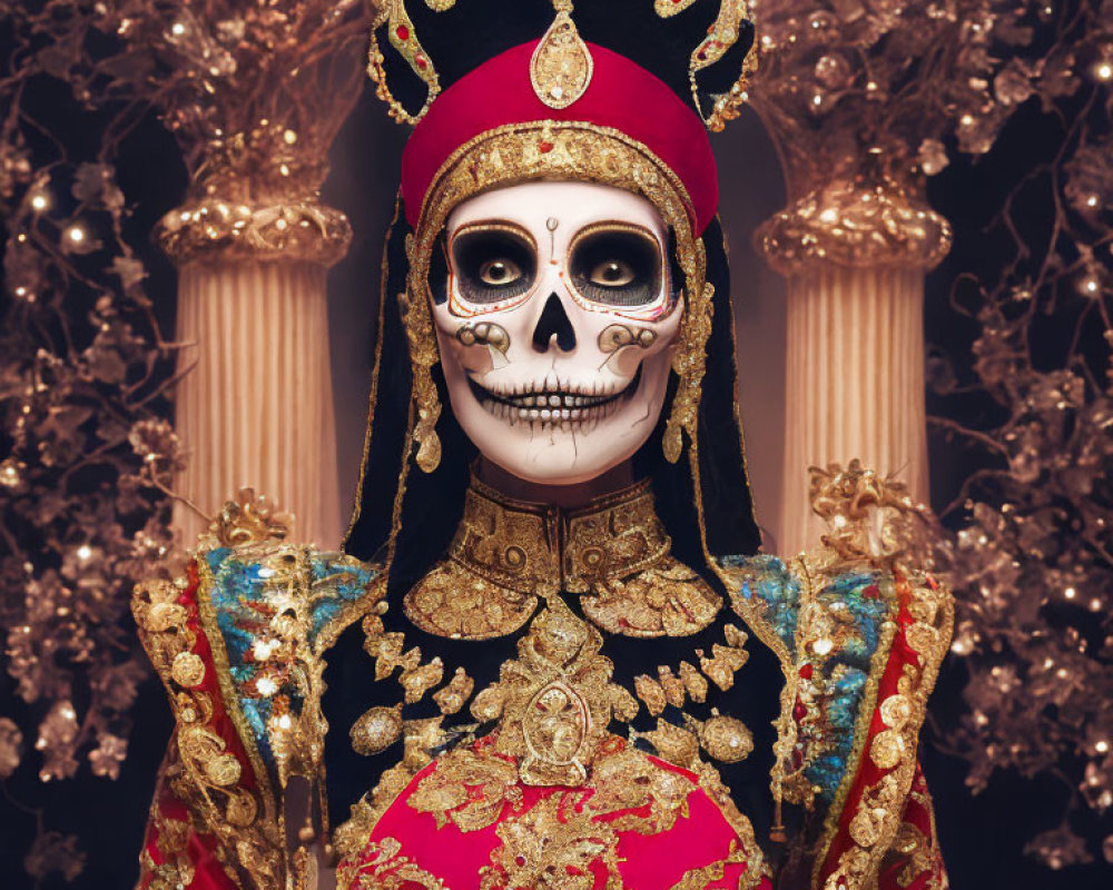 Skull Face Makeup Person in Red and Gold Costume with Black Headdress