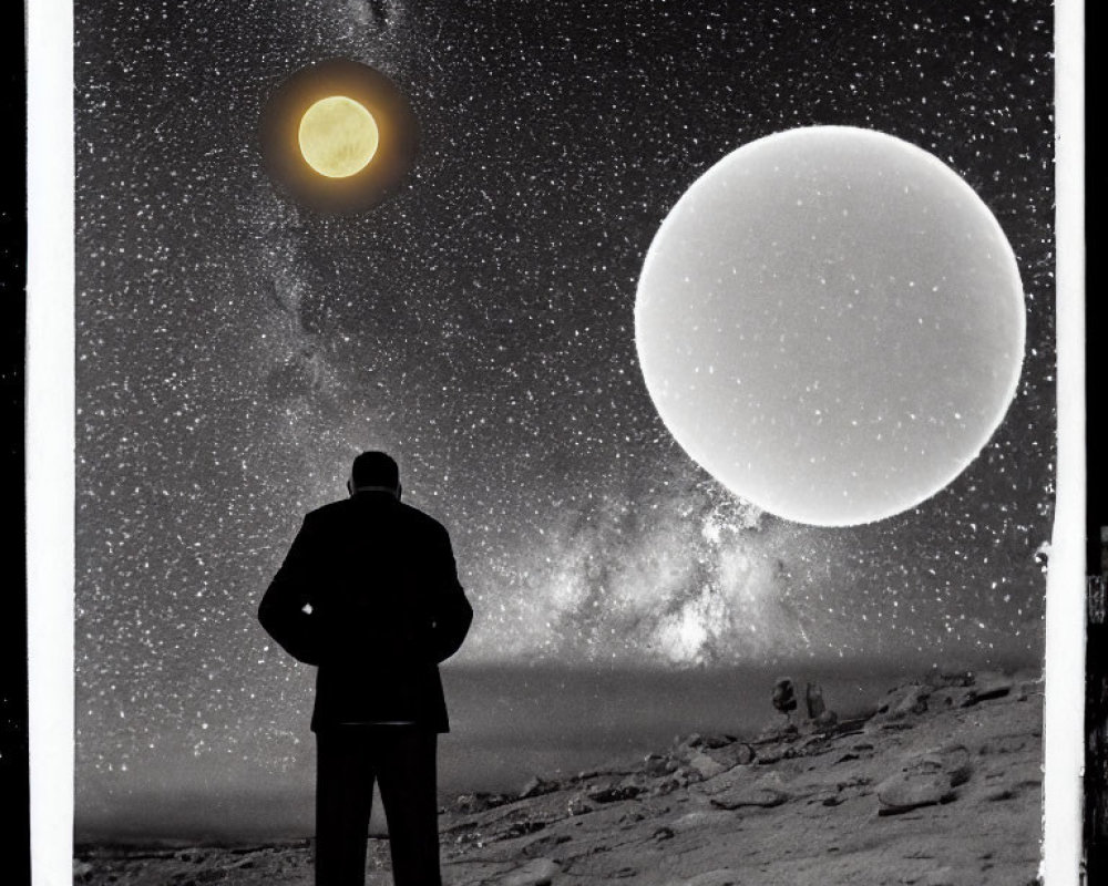 Person standing under surreal night sky with two large celestial bodies against star backdrop