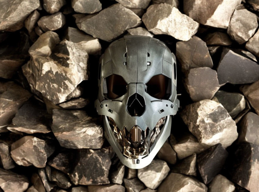 Metallic Skull Mask with Red Eye Sockets on Gray Stones