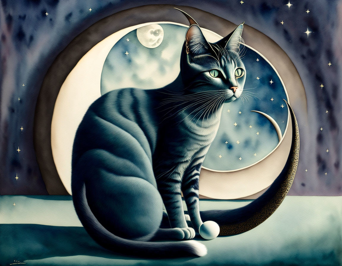 Stylized cat on crescent moon in night sky with stars