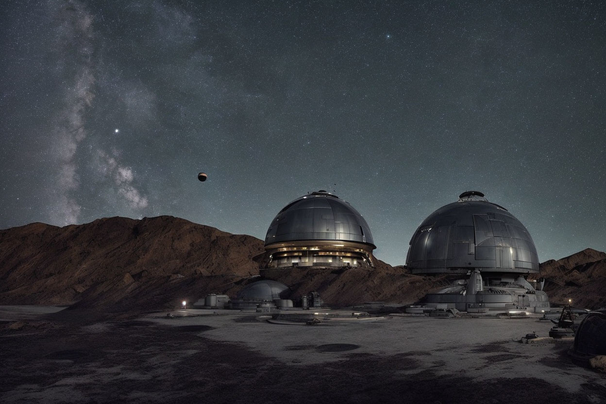 Starry Sky Observatory Domes with Milky Way and Hills