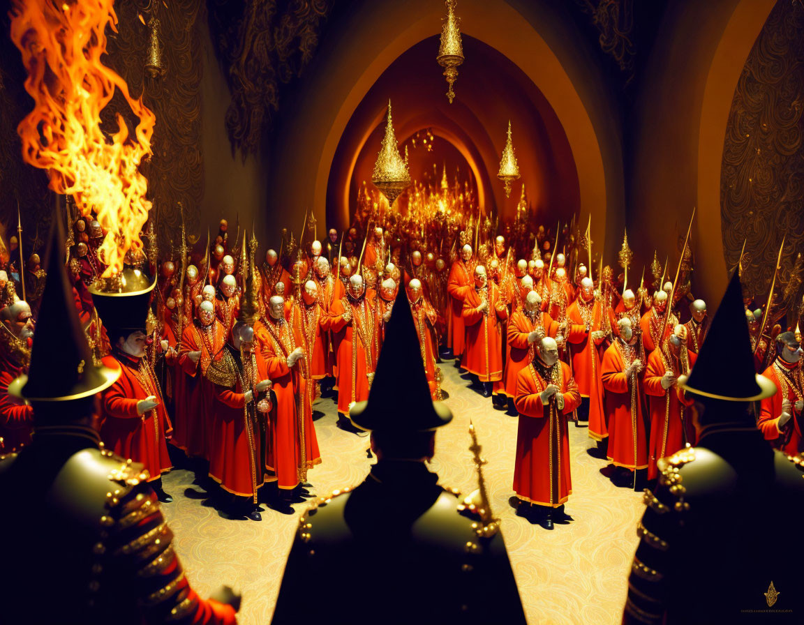 Intricate Hall with Figures in Red and Gold Robes and Soldiers in Black Armor