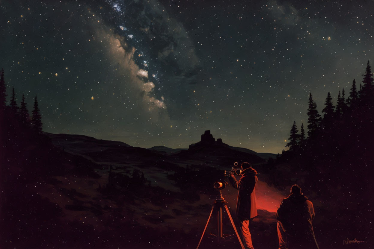 Starry Night Sky with Milky Way, Telescope Observer, and Pine Trees