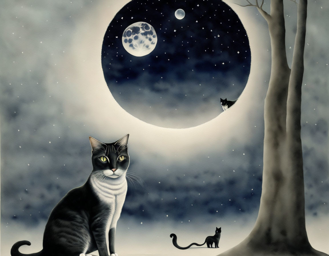 Grayscale cat with two others under star-filled sky