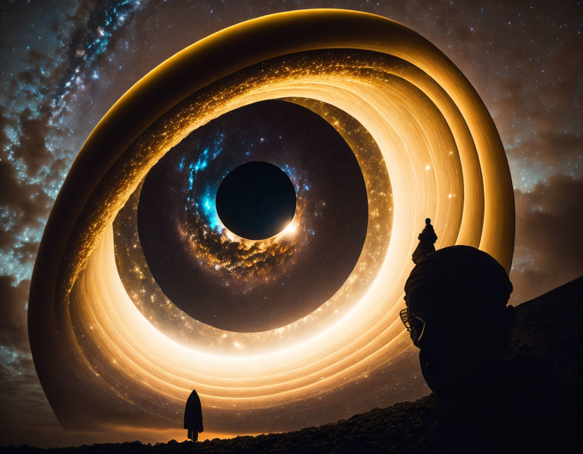 Person standing on rocky terrain under night sky gazing at surreal glowing black hole