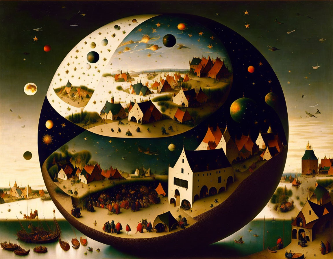 Surrealistic painting of cosmic structure over medieval landscape