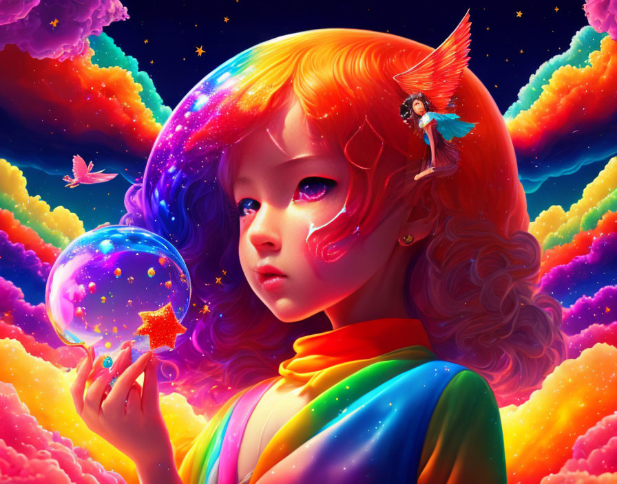 Colorful girl with red hair holding crystal ball in fantasy sky