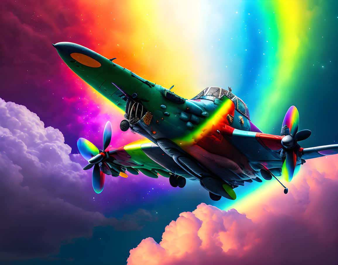 Colorful fighter jet flying in vibrant rainbow sky