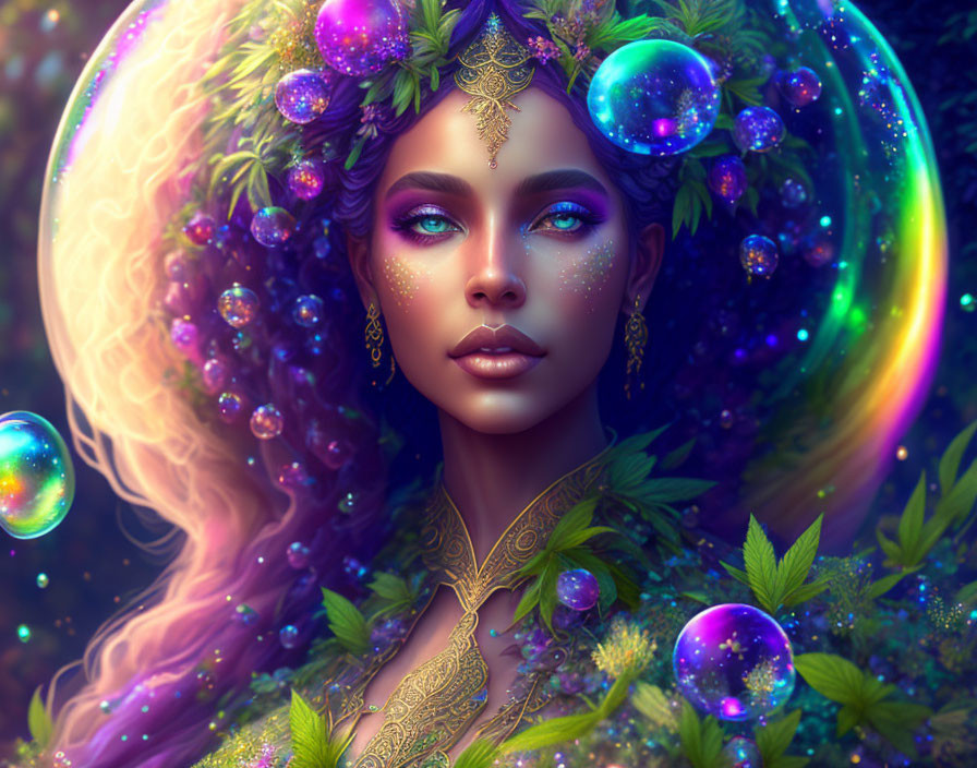 Fantasy digital artwork: Cosmic-haired woman in magical forest