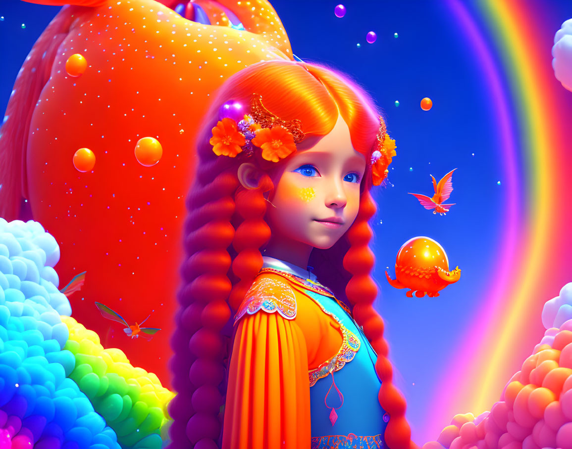 Colorful digital artwork of girl with orange hair and dress and whimsical elements