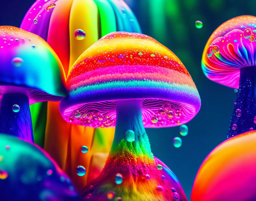 Colorful Neon Mushrooms with Glossy Finish on Black Background