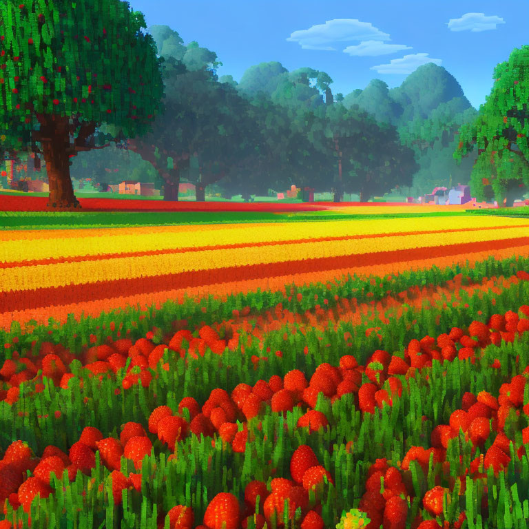 Colorful Strawberry Field Digital Art with Flowers and Trees under Clear Sky