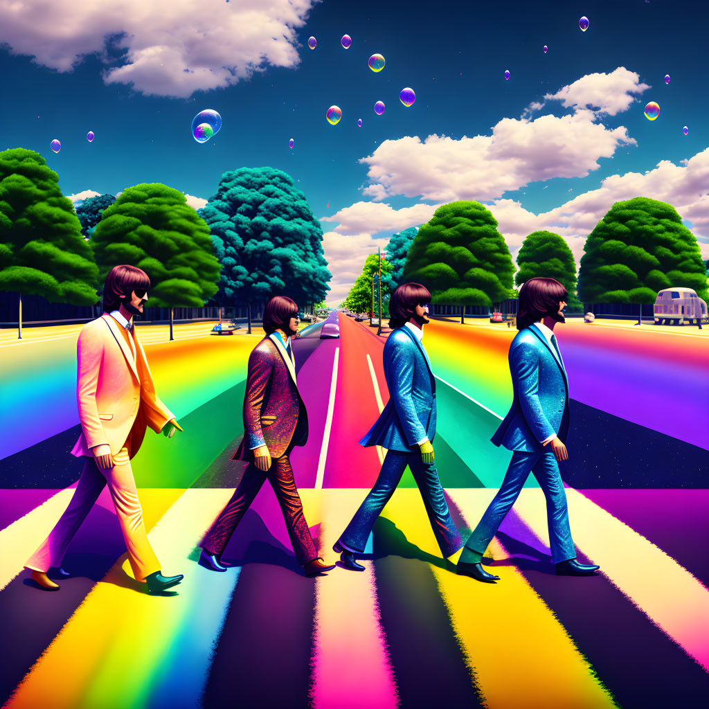 Colorful individuals walk on vibrant rainbow crosswalk under sunny sky