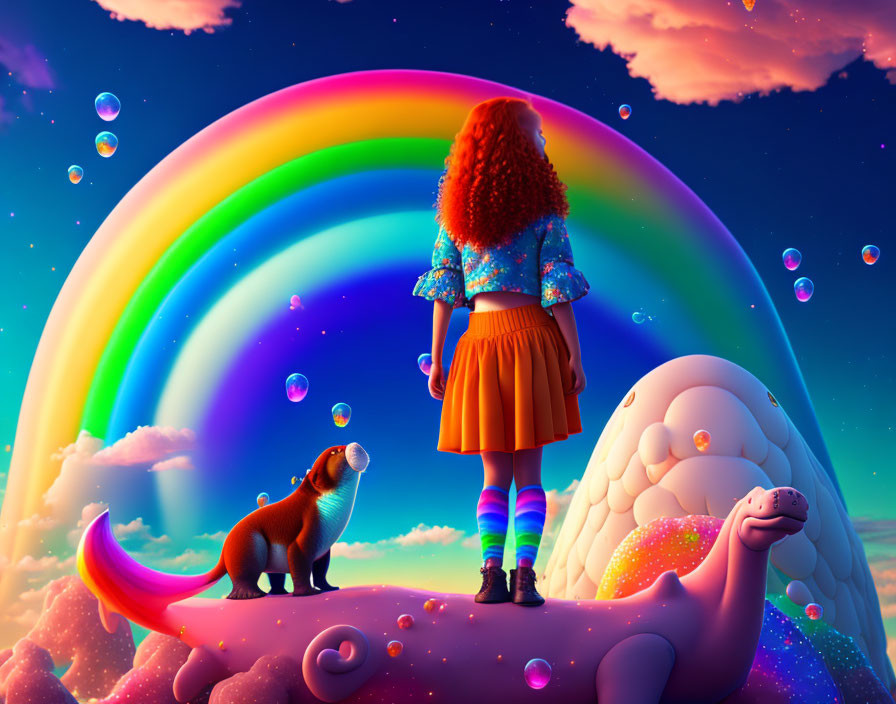 Girl and Dog on Mythical Creature under Rainbow with Floating Bubbles